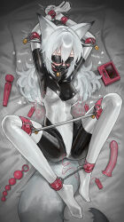 1girl absurdres anal_beads animal_ear_fluff animal_ears black_blindfold blindfold bodysuit breasts chain collar commentary cuffs dildo egg_vibrator elbow_gloves english_commentary fox_ears fox_girl fox_tail gag gagged gloves handcuffs heterochromia highres hitachi_magic_wand impossible_bodysuit impossible_clothes large_variant_set latex latex_bodysuit leotard lock lockbox long_hair medium_breasts open_mouth original panel_gag restrained saaal653 sex_toy shackles skin_tight spread_legs spreader_bar tail thighhighs variant_set very_long_hair vibrator white_gloves white_thighhighs