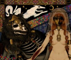 1boy 1girl animal_skull black_hair bleeding blood breasts bridal_veil brown_hair cape crescent crimescenepartz cross crown dead_animal death disfigured exposed_bone exposed_muscle floral_background floral_print flower gem gold gold_armlet gold_crown gold_mask guro hair_ornament half_mask highres horror_(theme) injury jewelry maggot mask multiple_scars navel neck_ring nude original ornate reclining red_gemstone ribs scar scar_on_arm scar_on_breasts scar_on_stomach self-harm_scar skull standing star_(symbol) sun_symbol tapestry torn_cape torn_clothes veil white_wolf wrist_cutting