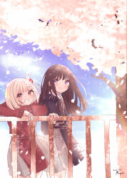 2girls absurdres against_railing arupaka5tuki black_hair blonde_hair blue_dress blue_sky cherry_blossoms closed_mouth commentary_request day dress falling_petals grin hair_ribbon highres inoue_takina long_hair long_sleeves looking_at_viewer lycoris_recoil lycoris_uniform multiple_girls nishikigi_chisato one-shoulder_tunic outdoors petals purple_eyes railing red_dress red_eyes red_ribbon ribbon sky smile tree