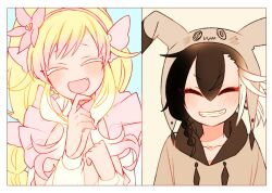 1boy 1girl blonde_hair blush braid closed_eyes collarbone colored_eyelashes earrings facing_viewer fang gen_7_pokemon grey_hat grin hair_between_eyes hairband happy hat jewelry long_hair mimikyu nintendo personification pink_hairband pokemon primarina smile star_(symbol) star_earrings yuzu_ichika