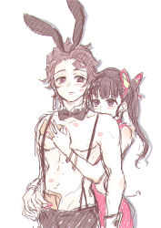 Rule 34 | 1boy, 1girl, absurdres, animal ears, bangle, blush, bow, bowtie, bracelet, brown eyes, butterfly hair ornament, commentary request, couple, cowboy shot, detached collar, earrings, fake animal ears, hair ornament, hanafuda earrings, hetero, highres, hug, hug from behind, jewelry, kamado tanjirou, kimetsu no yaiba, lipstick mark, lipstick mark on chest, lipstick mark on face, lipstick mark on stomach, long hair, muscular, muscular male, pale color, pectorals, rabbit ears, scar, scar on face, scar on forehead, short hair, side ponytail, signature, simple background, sketch, sleeveless, suspenders, tsuyuri kanao, uma (umpk), white background