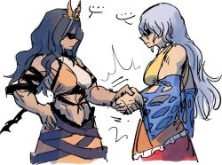 ... 2girls chirizuka_ubame closed_mouth commentary detached_sleeves english_commentary from_side grey_hair handshake headpiece kaibootsu long_hair multiple_girls navel orange_skirt sakata_nemuno simple_background skirt spoken_ellipsis touhou two-tone_tank_top white_background