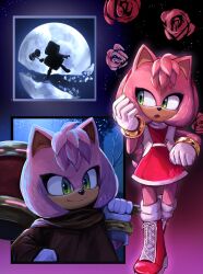 1girl amy_rose billijofreeze boots bracelet dress flower gloves green_eyes hammer hedgehog hood jewelry legs medium_hair moon night night_sky paramount_pictures petals pink_fur pink_hair red_dress rose rose_petals sega sky smile sonic_(live_action) sonic_(series) sonic_the_hedgehog_3_(film) star_(sky) toy_hammer