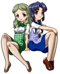 00s 2girls apron asakura_ryoko back-to-back bandabekken blouse blue_eyes blue_hair gingham_apron green_eyes green_hair kimidori_emiri knees_together_feet_apart kobeya_uniform legs_together long_hair multiple_girls non-web_source own_hands_together pantyhose parted_bangs plaid_apron plaid_clothes shirt simple_background suzumiya_haruhi_no_yuuutsu waitress white_background white_shirt