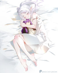 1girl artist_name barefoot character_doll closed_eyes closed_mouth doll elbow_blush elf feet fern_(sousou_no_frieren) foot_blush frieren grey_hair holding holding_doll knee_blush legs long_hair lying nightgown on_bed on_side parted_bangs patreon_logo patreon_username pointy_ears shoulder_blush single_off_shoulder sleeping smile soles solo sousou_no_frieren stuffed_toy sydus toenails toes twintails