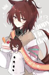 1girl agnes_tachyon_(umamusume) artist_request bad_id bad_pixiv_id brown_eyes brown_hair cake chibi food grey_background happy_birthday highres holding holding_cake holding_food smile solo umamusume