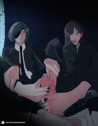 1boy 2girls absurdres artist_name barefoot between_toes black_hair black_jacket black_nails black_necktie blush brown_hair chainsaw_man cooperative_footjob erection eyepatch feet ffm_threesome foot_focus footjob foreshortening green_hair green_nails group_sex hair_ornament hair_over_one_eye hairclip higashiyama_kobeni highres himeno_(chainsaw_man) holding_own_leg jacket knees_apart_feet_together knees_up long_sleeves mjlewds mole mole_under_eye multiple_girls multiple_moles nail_polish necktie one_eye_covered open_mouth parted_lips penis ponytail pov short_hair short_ponytail sitting spread_toes teamwork_(sexual) threesome toenail_polish toenails toes uncensored watermark web_address
