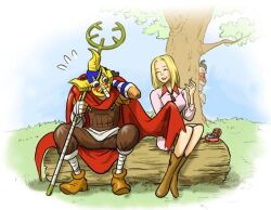 1boy 1girl black_hair blonde_hair cape grin kaya_(one_piece) log looking_at_another mask one_piece sitting smile staff tree usopp