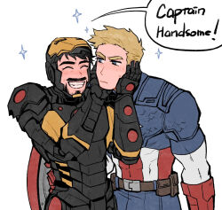 Rule 34 | 2boys, arc reactor, armor, avengers (series), belt, black armor, black hair, blonde hair, blue bodysuit, blue eyes, blush, bodysuit, brown belt, captain america, closed eyes, closed mouth, english text, facial hair, fang, full armor, gloves, hand around waist, hands on another&#039;s face, hands up, iron man, looking at another, male focus, marvel, multiple boys, pocket, power armor, red gloves, short hair, simple background, smile, speech bubble, star (symbol), steve rogers, superhero costume, sweatdrop, teeth, tony stark, two-tone armor, vertical-striped bodysuit, weibo 7899261198, white background, yaoi, yellow armor