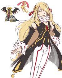 1girl :d alternate_color blonde_hair commentary cynthia_(arc_suit)_(pokemon) cynthia_(pokemon) detached_sleeves english_commentary eyelashes fur-trimmed_sleeves fur_collar fur_trim gen_4_pokemon giratina giratina_(altered) grey_eyes hair_ornament hair_over_one_eye hand_on_own_hip highres legendary_pokemon long_hair mesprit nintendo open_mouth pants pokemon pokemon_(creature) pokemon_masters_ex rei_(esprei96) shirt smile white_background white_pants
