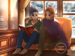 2boys alternate_costume barefoot blue_eyes blue_hair blue_pants book brown_hair brown_pants cabinet camus_(dq11) collarbone commentary_request couch couple dragon_quest dragon_quest_xi earrings gold_earrings green_hoodie green_socks hand_tattoo hero_(dq11) holding holding_book hood hoodie hoop_earrings indoors jewelry koshi_(meermisa) looking_at_another male_focus multiple_boys on_couch open_book open_mouth pants parted_hair purple_sweater short_hair single_bang sitting smile socks spiked_hair sweater tattoo window yaoi