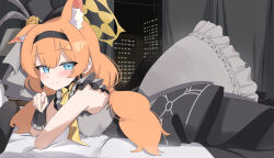 1girl absurdres animal_ear_fluff animal_ears arm_support bare_shoulders black_dress black_hairband black_hat blue_archive blue_eyes blunt_bangs blush cat_ears cat_girl center-flap_bangs center_frills closed_mouth commentary curtains d_(delt4) dress earrings extra_ears feet_out_of_frame flower frilled_dress frills from_side grey_dress hairband halo happy hat hat_feather hat_flower highres idol idol_clothes index_finger_raised indoors jewelry long_dress long_hair looking_at_viewer low_twintails lying mari_(blue_archive) mari_(idol)_(blue_archive) night official_alternate_costume official_alternate_hairstyle on_bed on_stomach orange_hair pointing pointing_at_viewer rose sleeveless sleeveless_dress smile solo split_mouth top_hat twintails two-tone_dress window yellow_flower yellow_halo yellow_rose