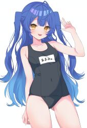 1girl :d absurdres ahoge alternate_costume amamiya_kokoro arm_at_side black_one-piece_swimsuit blue_hair breasts center-flap_bangs collarbone commentary_request fang gradient_hair hair_intakes hair_ornament hand_up highres looking_at_viewer multicolored_hair nijisanji old_school_swimsuit one-piece_swimsuit open_mouth school_swimsuit sidelocks skin_fang small_breasts smile solo swimsuit tillots two_side_up virtual_youtuber w white_background x_hair_ornament yellow_eyes