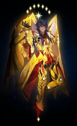 1boy absurdres armor black_hair dark-skinned_male dark_skin fate/grand_order fate_(series) fui_(fui29493452) glowing_armor gold_armor golden_wings highres jewelry long_hair male_focus romulus_quirinus_(fate) solo wings
