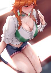 1girl absurdres belly bench bikini bikini_under_clothes blue_shorts blush braid breasts choker cleavage closed_eyes denim denim_shorts drunktatsu fanning_face fanning_self feathers from_above green_bikini green_choker highres hololive hololive_english hot large_breasts long_hair midriff nose_blush official_alternate_costume open_clothes open_shorts orange_hair puffy_short_sleeves puffy_sleeves see-through_clothes shirt short_shorts short_sleeves shorts sitting solo sweat swimsuit takanashi_kiara takanashi_kiara_(casual) thick_thighs thighs twin_braids virtual_youtuber white_shirt