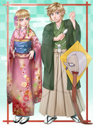 1boy 1girl adapted_costume alternate_costume angry annoyed blue_eyes blunt_bangs blush border cherry_blossoms egasumi entangled floral_print flower full_body furisode ghirahim green_kimono hair_flower hair_ornament hair_ribbon hakama hakama_skirt hands_on_own_hips haori highres hime_cut japanese_clothes kimono kite link lips long_hair looking_at_another looking_down messy_hair new_year nintendo obi pink_kimono pointy_ears princess_zelda ribbon sandals sash short_hair skirt split-toe_footwear spool standing string sweatdrop tabi tangle the_legend_of_zelda the_legend_of_zelda:_skyward_sword wasabi_(legemd) zouri