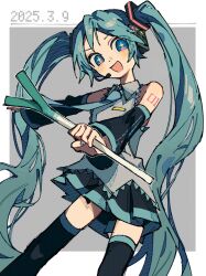 Rule 34 | 1girl, :d, absurdres, aqua hair, aqua nails, aqua necktie, bare shoulders, black skirt, black sleeves, black thighhighs, blue eyes, collared shirt, commentary request, cowboy shot, dated, detached sleeves, dot nose, food, hatsune miku, headphones, headset, highres, holding, holding food, holding spring onion, holding vegetable, long hair, looking at viewer, microphone, miku day, necktie, number tattoo, open mouth, pleated skirt, sashimisu, shirt, shoulder tattoo, skirt, sleeveless, sleeveless shirt, smile, solo, spring onion, star-shaped pupils, star (symbol), symbol-shaped pupils, tattoo, thighhighs, twintails, two-tone background, vegetable, very long hair, vocaloid
