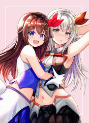 1girl absurdres alternate_eye_color alternate_hair_color arm_up armpits belly blouse blush brown_hair commentary_request highres hololive huge_filesize looking_at_viewer miniskirt multiple_persona navel nootomo pink_background shirt silver_hair simple_background skirt tokino_sora tokino_sora_(1st_costume) virtual_youtuber waist_cape white_shirt yellow_eyes