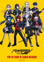 4boys 4girls amemiya_darumi aotsuki_eito bandaged_arm bandages black_dress black_hair black_jacket black_shorts black_skirt blonde_hair blue_eyes blue_hair center_frills commentary_request cropped_jacket dress drumsticks eyepatch frills glasses grey_hair guitar hair_over_shoulder holding holding_drumsticks holding_guitar holding_instrument instrument jacket kawana_tsubasa keytar kirifuji_nozomi long_hair microphone_stand multicolored_hair multiple_boys multiple_girls official_art omokage_yugamu parted_bangs pleated_skirt red_hair red_tube_top shirt shoes shorts simple_background skirt smile sneakers strapless streaked_hair sumino_takumi the_hundred_line_-last_defense_academy- tower_records tsukumo_ima tsukumo_kako tube_top twintails white_hair white_shirt white_shoes yellow_background