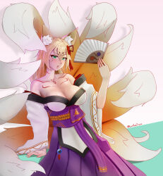 1girl :o aged_up animal_ear_fluff animal_ears artist_name bare_shoulders blonde_hair breasts cleavage collarbone commentary english_commentary eyeshadow fox_ears fox_girl fox_tail green_eyes hair_between_eyes hair_ribbon hakama hakama_skirt hand_fan highres holding holding_fan japanese_clothes kimono kitsune krita_(medium) lamiacircle large_breasts light_blush long_hair long_sleeves looking_at_viewer makeup mon-musu_quest! monster_girl multiple_tails neck_tattoo parted_lips pink_background print_folding_fan purple_hakama purple_sash red_eyeshadow red_ribbon ribbon sash shadow simple_background sitting skirt solo spoilers tail tamamo_(mon-musu_quest!) tamamo_(true_form)_(mon-musu_quest!) tattoo white_kimono wide_sleeves