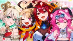 4girls ahoge animal_ears beret black_gloves brown_hair cecilia_immergreen cecilia_immergreen_(1st_costume) confetti doll_joints elizabeth_rose_bloodflame elizabeth_rose_bloodflame_(1st_costume) gigi_murin gigi_murin_(1st_costume) gloves goggles goggles_on_head green_eyes green_hair grey_hair hat holojustice hololive hololive_english huge_ahoge joints moa_(21energy12) multiple_girls one_eye_closed panther_ears pink_eyes pink_hair raora_panthera raora_panthera_(1st_costume) red_eyes red_hair sharp_teeth teeth tongue tongue_out virtual_youtuber winding_key yellow_eyes