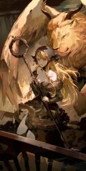 Rule 34 | 1girl, absurdres, ambrosia (dungeon meshi), black dress, black hood, blonde hair, chimera, cross-laced clothes, cross-laced dress, dress, dungeon meshi, ear covers, fur-trimmed dress, fur trim, green eyes, highres, holding, holding staff, long hair, looking at viewer, mage staff, marcille donato, marcille donato (lord), off-shoulder dress, off shoulder, parted bangs, railing, signature, staff, sweatdrop, twice12314