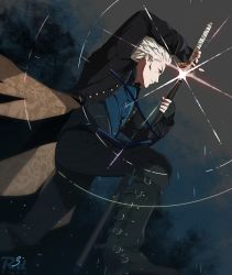 1boy black_coat blue_vest boot_straps boots coat devil_may_cry_(series) devil_may_cry_5 fighting_stance fingerless_gloves gloves hair_slicked_back highres katana print_coat r3dfive sheath solo sword tailcoat vergil_(devil_may_cry) vest weapon white_hair yamato_(sword)