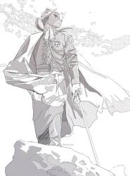 1boy animal_ears another_eidos-r artist_name ascot cape closed_mouth commentary_request furry furry_male greyscale highres holding holding_sword holding_weapon kafka_(another_eidos) lion_boy lion_ears male_focus monochrome ponytail profile sword wasp_(anthyutena) weapon