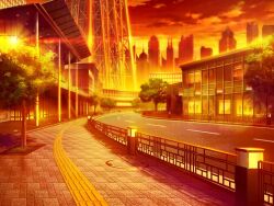 artist_request building city cloud game_cg gleam lamppost magia_record:_mahou_shoujo_madoka_magica_gaiden mahou_shoujo_madoka_magica no_humans official_art orange_sky outdoors pillar radio_tower road scenery shop sidewalk sky skyscraper street sunset tree
