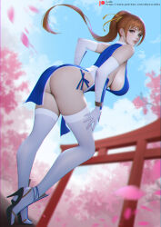1girl architecture ass bare_shoulders breasts brown_hair cherry_blossoms dead_or_alive east_asian_architecture from_side highres kasumi_(doa) large_breasts lips long_hair ninja pelvic_curtain sade_abyss sideboob sleeveless thighhighs tree