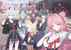 &gt;_&lt; 6+girls animal_ear_fluff animal_ears arms_up black_gloves black_hair blonde_hair blue_archive breasts closed_eyes clothing_request erika_(blue_archive) fang furrowed_brow gloves grey_hair guide hair_over_one_eye halo highres kaede_(blue_archive) kaede_(guide)_(blue_archive) kirara_(blue_archive) large_breasts looking_at_viewer multiple_girls official_art one_eye_closed open_mouth pantyhose pina_(blue_archive) pina_(guide)_(blue_archive) pink_hair skin_fang smile source_request teeth tsubaki_(blue_archive) tsubaki_(guide)_(blue_archive) umika_(blue_archive) v white_gloves yawning