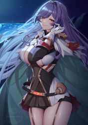 1girl absurdres artist_name azur_lane black_shirt black_shorts blush breasts cape commentary floating_hair garter_belt gloves gold_trim green_cape hair_between_eyes hair_intakes hair_over_one_eye hairband hand_up highres large_breasts long_sleeves looking_at_viewer moonlight night night_sky ocean outdoors purple_hair red_eyes red_hairband seele0907 shirt short_shorts shorts sidelocks sky smile solo standing star_(sky) starry_sky thighs trento_(azur_lane) trento_(meta)_(azur_lane) two-sided_fabric two-tone_shirt watermark white_gloves