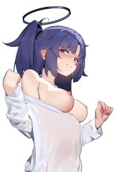 Rule 34 | 1girl, armpit crease, black halo, blue archive, blue hair, blush, breasts, clenched hands, ear blush, furrowed brow, halo, highres, looking at viewer, mechanical halo, medium breasts, nipples, off-shoulder shirt, off shoulder, painterliuhao, see-through clothes, see-through shirt, shirt, solo, two side up, upper body, white shirt, yuuka (blue archive)