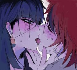 blue_eyes blue_hair blush close-up closed_eyes earrings fingernails french_kiss genderswap genderswap_(mtf) hand_up highres jewelry kiss looking_at_another omokage_yugamu red_hair simple_background sumino_takumi sweat sweatdrop the_hundred_line_-last_defense_academy- white_background