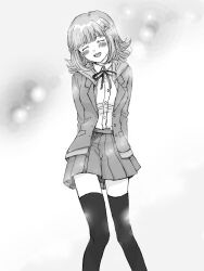 1girl :d absurdres blush breasts closed_eyes collared_shirt danganronpa_(series) danganronpa_3_(anime) dress_shirt facing_viewer feet_out_of_frame greyscale highres hope&#039;s_peak_academy_school_uniform jacket large_breasts long_sleeves medium_hair miniskirt monochrome nanami_chiaki neck_ribbon open_clothes open_jacket open_mouth pleated_skirt ribbon rira_(user_nwtp7424) school_uniform shirt skirt smile solo spaceship_hair_ornament thighhighs zettai_ryouiki