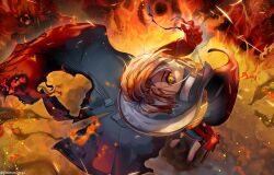Rule 34 | absurdres, blonde hair, bodysuit, burning, burnt clothes, fiery background, fire, flaming hand, girls&#039; frontline, girls&#039; frontline 2: exilium, gloves, gun, hair tie, highres, holding, holding gun, holding weapon, jacket, knife, kriss vector, looking at viewer, looking up, pinkturnip232, short hair, submachine gun, turtleneck, turtleneck bodysuit, vector (girls&#039; frontline), vector (girls&#039; frontline 2), vest, weapon, white vest, yellow eyes
