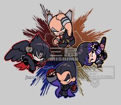 1girl 3boys balding black_gloves black_hair bracelet chibi chibi_only devil_jin facial_hair facial_mark fingerless_gloves forehead_mark gloves grey_hair highres horns jacket jewelry kazama_jin kicking kotorai mishima_heihachi mishima_kazuya multiple_boys mustache old old_man outline punching purple_hair purple_jacket red_gloves reina_(tekken) signature simple_background tekken tekken_8 uppercut watermark wings wristband