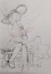 1other arakawa_chinpokotarou cloud content_nofound dress fan food hat highres licking marikinonline outdoors popsicle shoes sitting sketch sleeveless solo sun_hat sweat tongue tongue_out traditional_media wind