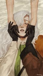 2024 2girls absurdres arm_out_of_sleeve artist_name black_gloves brown_coat closed_eyes coat collared_shirt facing_viewer gloves green_necktie grey_background hair_over_one_eye hands_on_another&#039;s_cheeks hands_on_another&#039;s_face hands_up highres holding_hands long_hair long_sleeves multiple_girls necktie one_eye_covered open_mouth reverse:1999 ripshinaide scales shirt signature solo solo_focus teeth upper_body vila_(reverse:1999) white_hair white_shirt windsong_(reverse:1999)