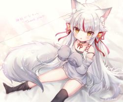 1girl :&lt; ahoge animal_ear_fluff animal_ears artist_name bare_shoulders bed_sheet bell black_camisole black_choker black_thighhighs blush brown_eyes camisole character_name choker commentary_request fox_ears fox_girl fox_tail grey_shirt hair_bell hair_ornament hair_ribbon highres indie_virtual_youtuber jingle_bell kamiko_kana long_hair long_sleeves looking_at_viewer multicolored_hair neck_bell no_shoes off_shoulder parted_bangs red_hair red_ribbon ribbon rucaco shirt signature silver_hair sitting sleeves_past_fingers sleeves_past_wrists solo strap_slip streaked_hair tail thank_you thighhighs thighhighs_pull translation_request triangle_mouth very_long_hair virtual_youtuber