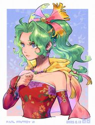 1girl bare_shoulders blue_eyes cape cropped_torso detached_sleeves dress earrings final_fantasy final_fantasy_vi floral_print gradient_cape green_hair hair_ribbon hand_on_own_chest highres jewelry long_hair official_alternate_hair_color outside_border pink_cape ponytail red_dress red_sleeves ribbon skyloop19 solo strapless tina_branford yellow_cape