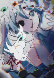 Rule 34 | 1girl, absurdres, aqua eyes, aqua hair, aqua nails, aqua necktie, aqua trim, bare shoulders, black sleeves, body writing, chromatic aberration, collared shirt, commentary, crack, cracked skin, dancing, detached sleeves, flower, frilled shirt, frills, hair between eyes, hand up, hatsune miku, heavy chromatic aberration, highres, holding hands, horror (theme), kamatoyu, long hair, looking at viewer, nail polish, necktie, shikabane no odori (vocaloid), shirt, single empty eye, sleeveless, sleeveless shirt, smile, solo, split theme, teeth, twintails, upper body, vocaloid, white shirt