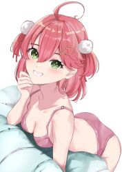 ahoge alternate_costume ass blush bra breasts cat_hair_ornament cleavage couch green_eyes grin hair_between_eyes hair_ornament hairclip hand_on_own_chin hololive looking_at_viewer lying medium_breasts on_couch on_stomach panties pink_bra pink_hair pink_panties pom_pom_(clothes) pom_pom_hair_ornament sakura_miko sasai_tuki simple_background smile two_side_up underwear virtual_youtuber white_background