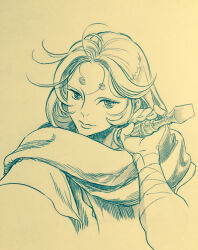 Rule 34 | absurdres, aries muu, dandan uiliq, hand up, highres, hikimayu, holding chisel, light smile, long hair, looking at viewer, monochrome, portrait, saint seiya, scarf, wrist wrap