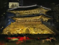 Rule 34 | arch, architecture, blurry, brick wall, commentary, east asian architecture, english commentary, night, no humans, original, painting (medium), scenery, shadow, slow d, traditional media