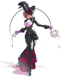Rule 34 | absurdres, adapted costume, ascot, black coat, black skirt, boots, brown hair, coat, cup, hat feather, highres, junoracle, lace-up boots, okumura haru, persona, persona 5, pink shirt, redesign, shirt, simple background, skirt, solo, standing, teacup, teapot, thigh boots