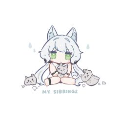 1girl animal_ear_fluff animal_ears arknights bare_shoulders barefoot blush_stickers cat_ears chibi closed_mouth commentary_request dress english_text engrish_text full_body green_eyes grey_hair hair_intakes highres long_hair looking_at_viewer low_twintails ranguage rosmontis_(arknights) simple_background sitting sleeveless sleeveless_dress solo someyaya stuffed_animal stuffed_cat stuffed_toy teardrop twintails very_long_hair white_background white_dress