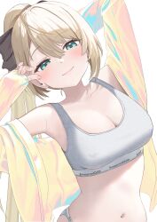 1girl aogiri_koukou aqua_eyes arms_up black_bow bow breasts brown_hair cleavage clothes_writing collarbone hair_bow highres kurikoma_komaru long_hair long_sleeves medium_breasts navel open_clothes ponytail smile sports_bra sportswear taachika virtual_youtuber white_background