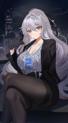 1girl absurdres black_gloves black_jacket black_pantyhose black_skirt breasts bronya_zaychik bronya_zaychik_(outstanding_attitude) bronya_zaychik_(silverwing:_n-ex) building chinese_commentary cleavage commentary_request crossed_legs feet_out_of_frame gloves grey_eyes grey_hair grey_shirt hair_between_eyes highres honkai_(series) honkai_impact_3rd id_card jacket komuer large_breasts long_hair looking_at_viewer night night_sky office_lady pantyhose shirt skirt sky