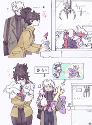 1boy 1girl black_pants black_sweater brown_hair closed_mouth coat crane_game cresselia darkrai elena_(project_moon) force_(4sk_force) gen_4_pokemon gen_5_pokemon gen_6_pokemon grey_coat high_ponytail jae-heon korean_text legendary_pokemon library_of_ruina long_sleeves mythical_pokemon nintendo pants pokemon pokemon_(creature) ponytail project_moon ribbed_sweater simple_background sparkle spritzee stuffed_toy sweater translation_request turtleneck turtleneck_sweater vanillite white_hair wing_collar yellow_eyes